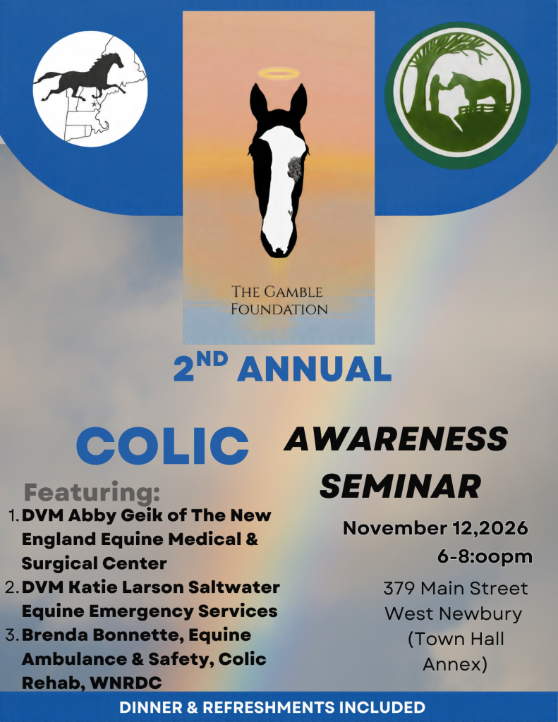Flyer for the 2nd Annual Colic Awareness Seminar, November 12, 2026, 6-8pm at the West Newbury Town Hall Annex